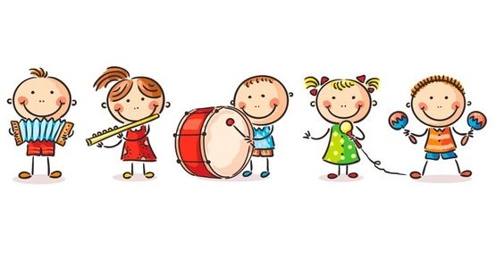 Happy children playing different musical instruments
